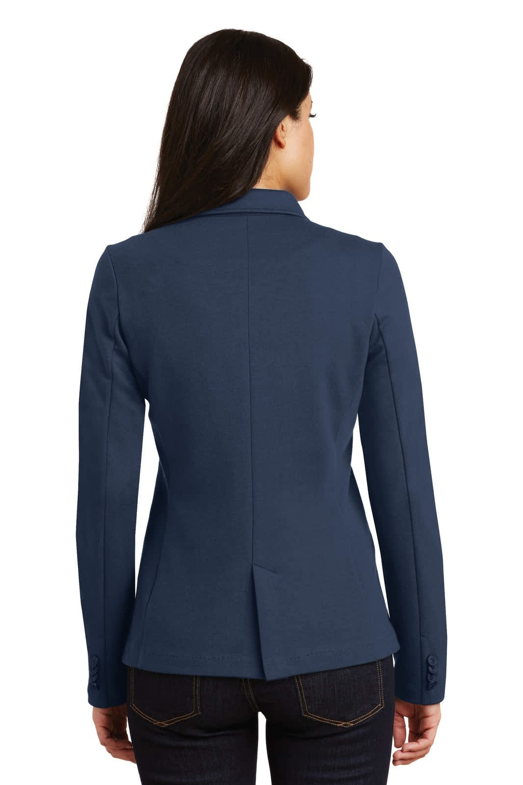 A fitted navy blazer for women, featuring a classic collar and back vent. Includes a logo on the garment.