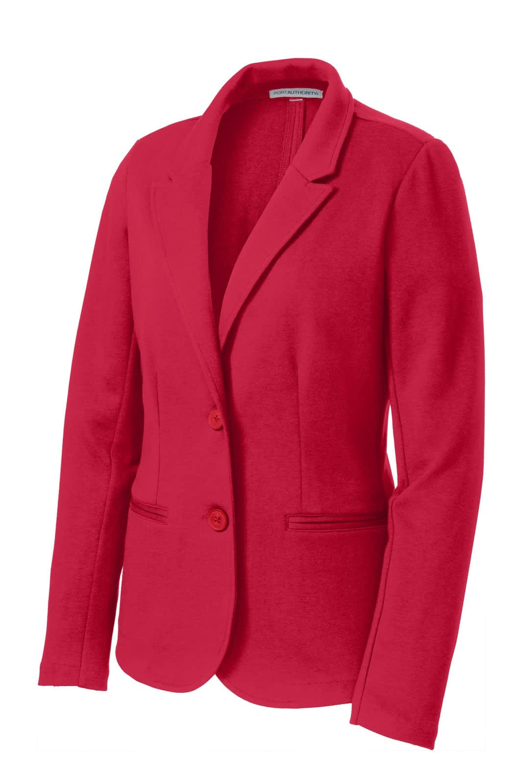 A red ladies' knit blazer with a notched collar, two buttons, and front pockets. Features a logo on one side.