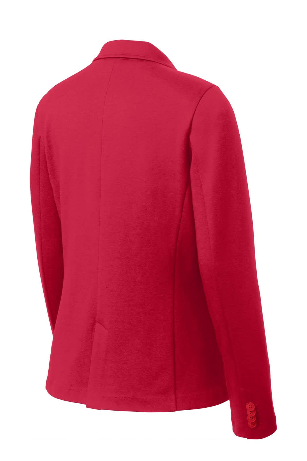 A red women's knit blazer with a fitted silhouette, featuring a back view and long sleeves. Includes branding.
