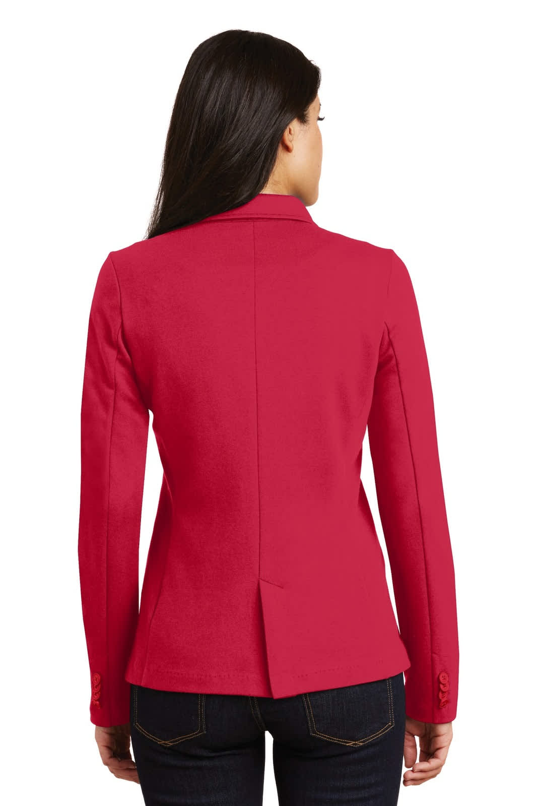 A red ladies' knit blazer with a fitted design and a split back, featuring long sleeves and a tailored silhouette.