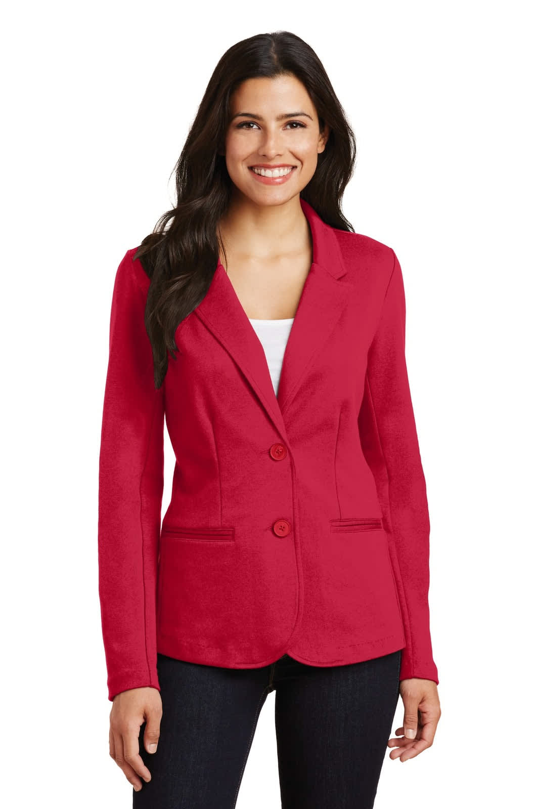 A red knit blazer featuring a classic design with two buttons and front pockets. It has a logo on it.