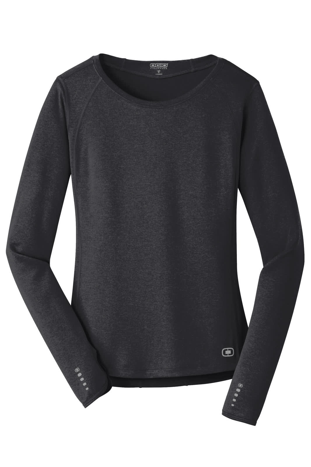 A black long sleeve crew shirt featuring a logo, designed for ladies with a relaxed fit.