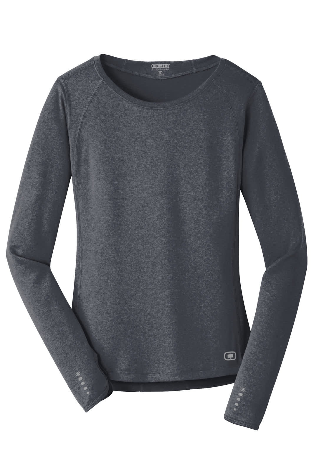 A long sleeve crew shirt in dark grey, featuring a rounded neckline and a logo on the side.