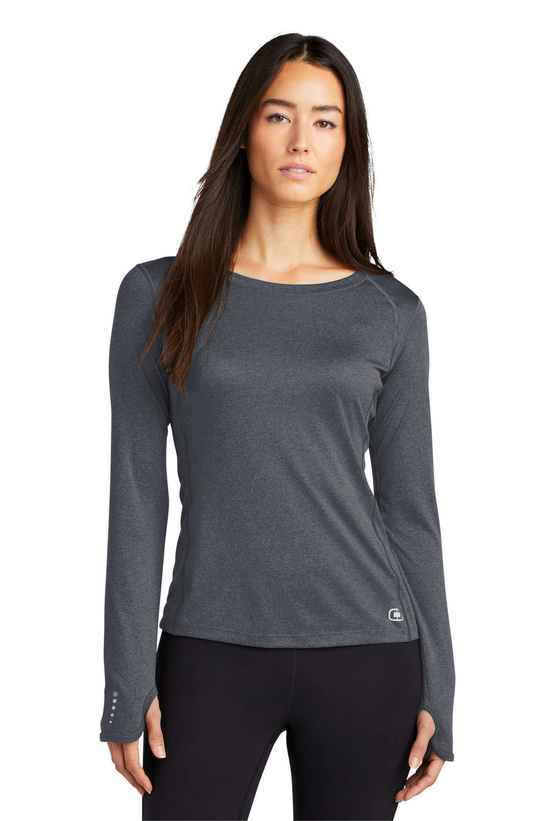 A long sleeve crew top in dark grey, featuring a logo on the side and a fitted design.