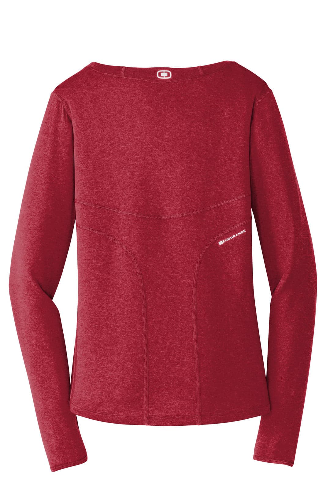 A red long sleeve crew shirt featuring a logo and a stylish design on the back.