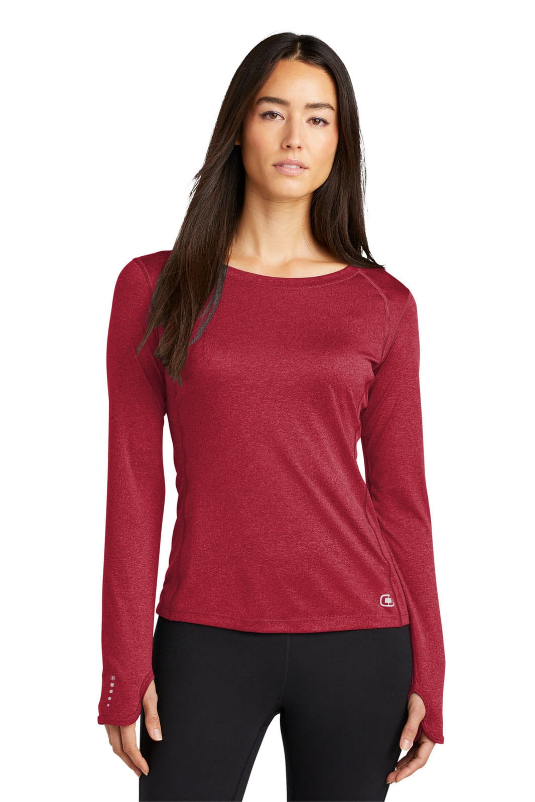 A maroon long sleeve crew shirt for women with a fitted design and logo on the bottom.
