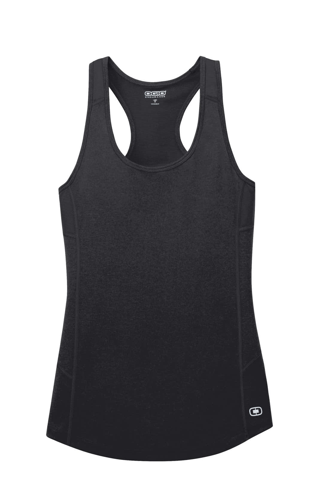 A black ladies' racerback tank top with a fitted design, featuring a logo on the front.