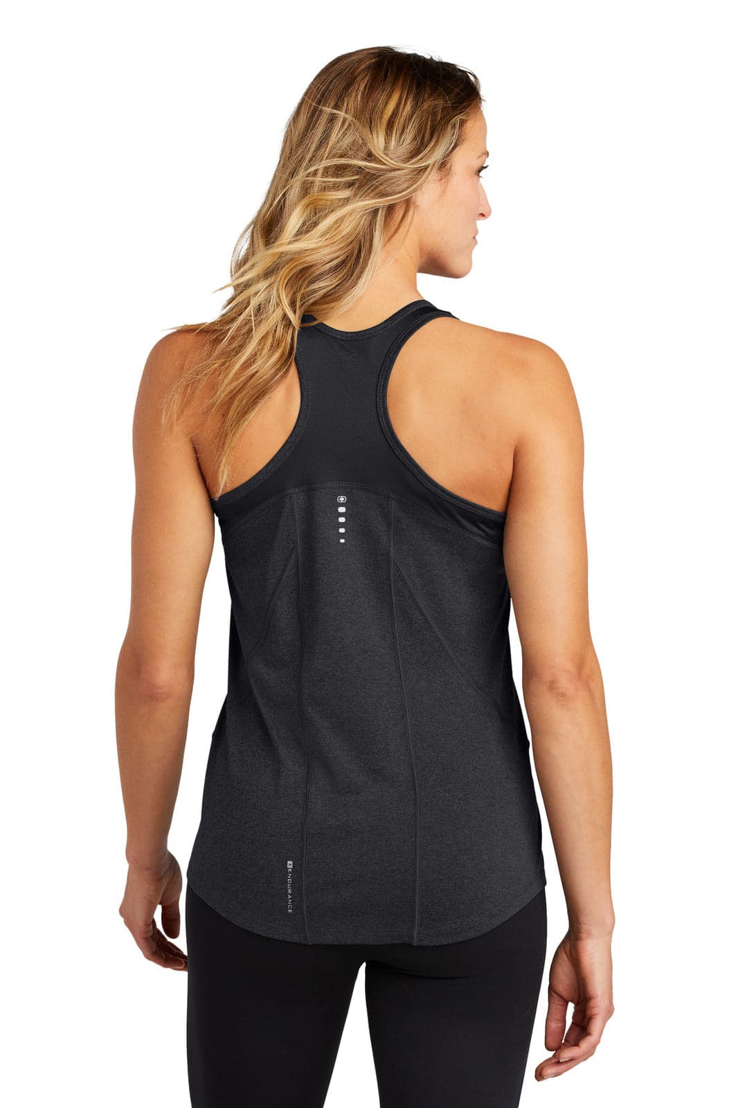 A black racerback tank top designed for women, featuring a sleek back design and a subtle logo.