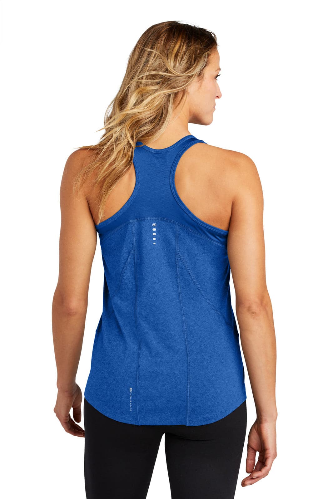 A blue ladies racerback tank top with a fitted design and a logo on the back, perfect for sports activities.