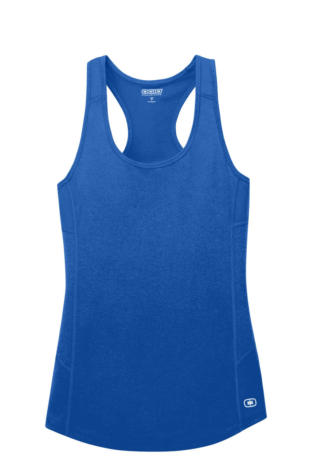 A blue racerback tank top featuring a sleek design and a logo. Ideal for sportswear or active wear.
