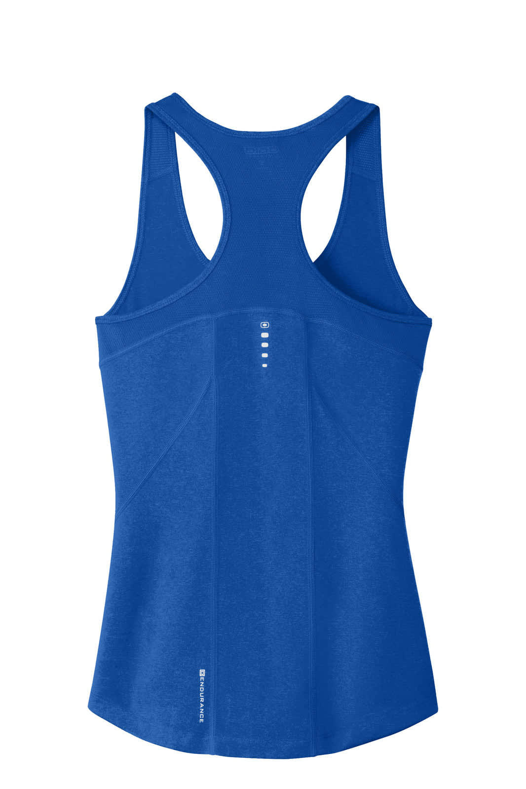 A blue racerback tank top with a fitted design, featuring an embellishment on the back and a logo.