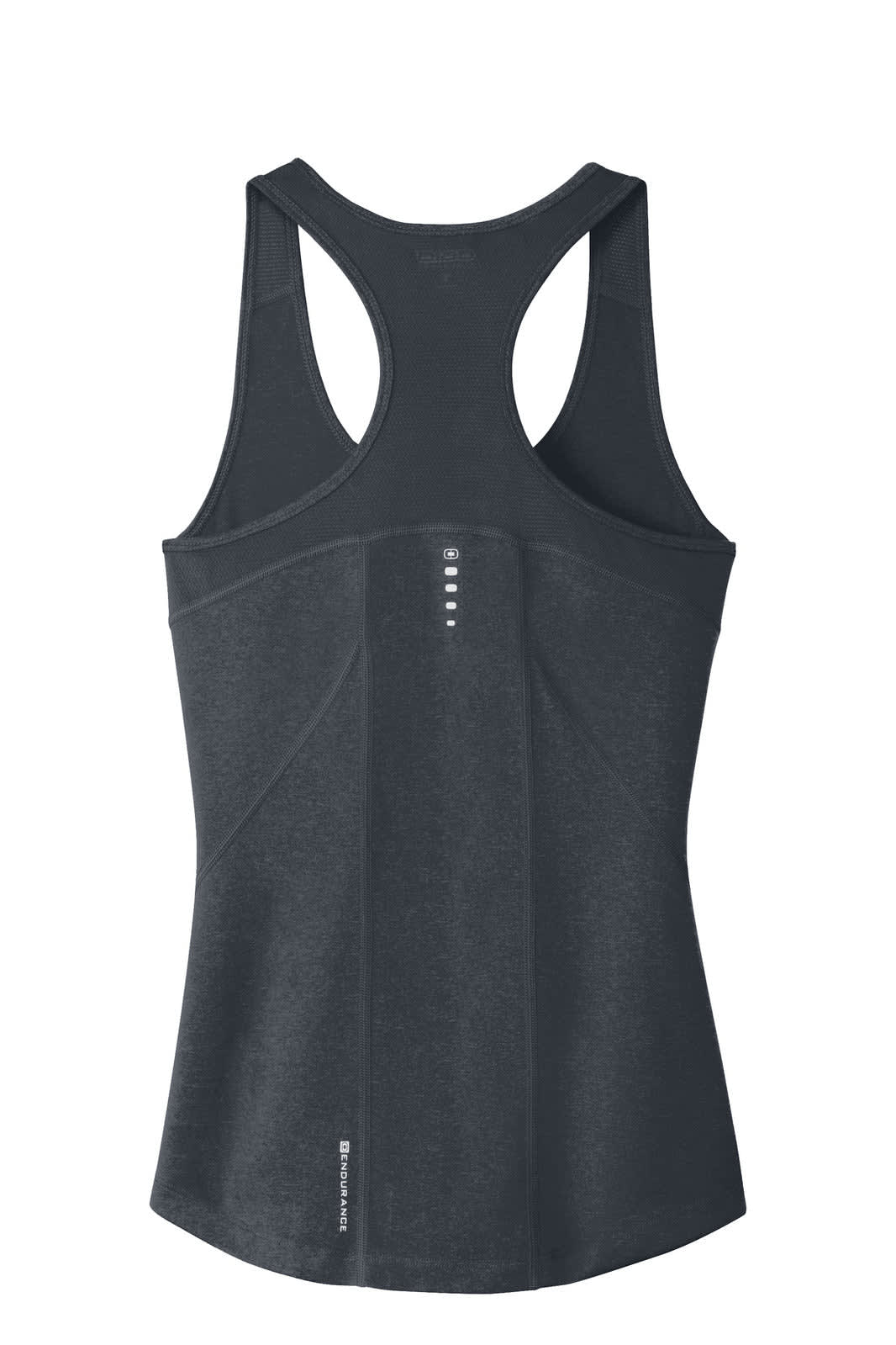 A dark grey racerback tank with a fitted design and an additional logo detail on the back.