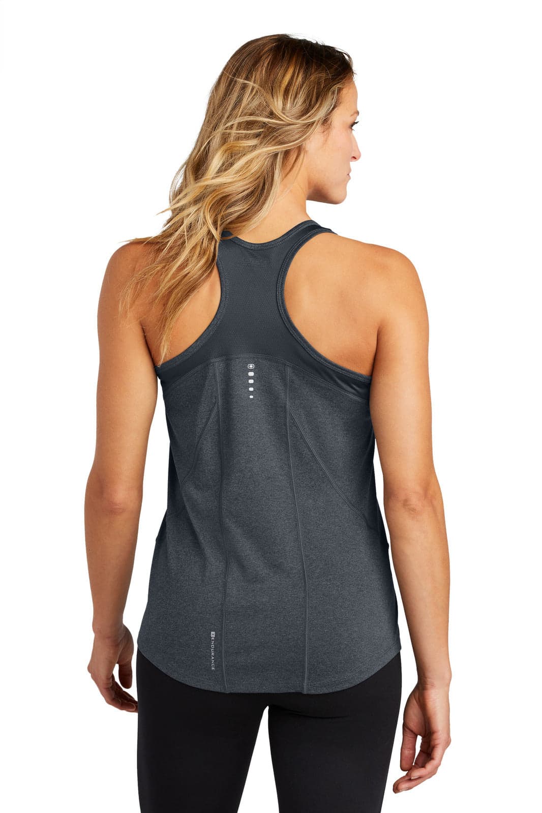 A grey racerback tank top with a fitted design, featuring a logo and sleek back detailing.