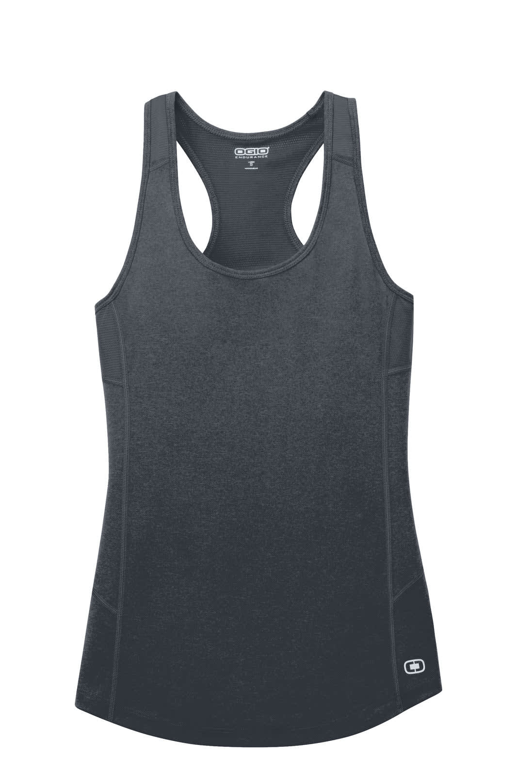 A dark grey racerback tank top with a fitted silhouette and side seams, featuring a logo at the hem.