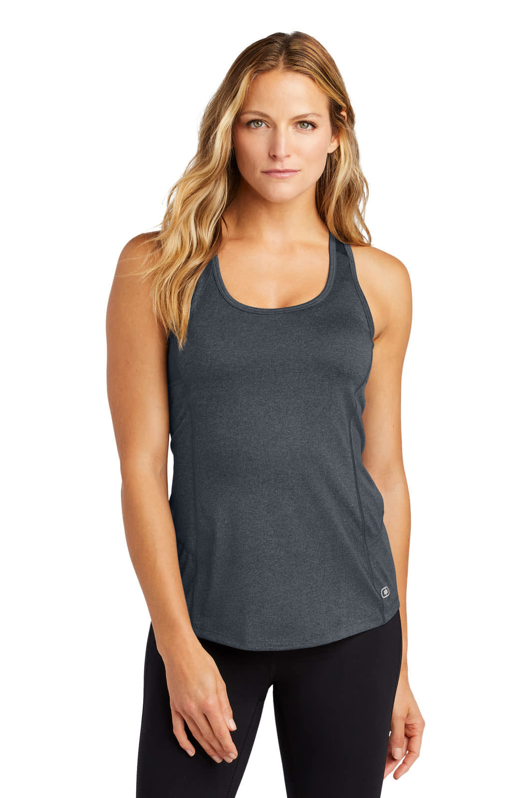 A ladies' racerback tank top in dark grey, featuring a soft fabric and a logo on the side.