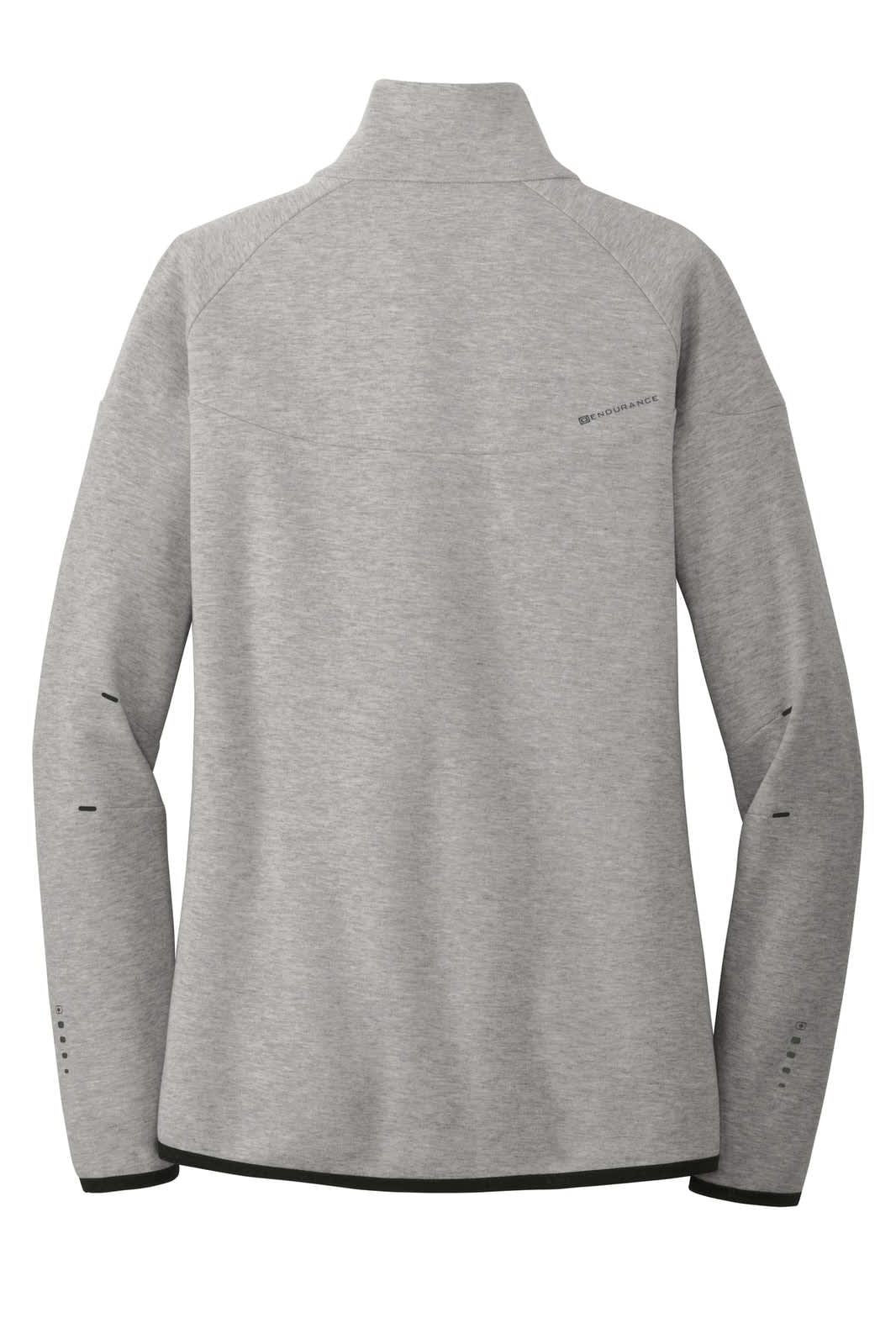 A grey women's jacket with a high collar and a sleek design, featuring long sleeves and a logo on the back.