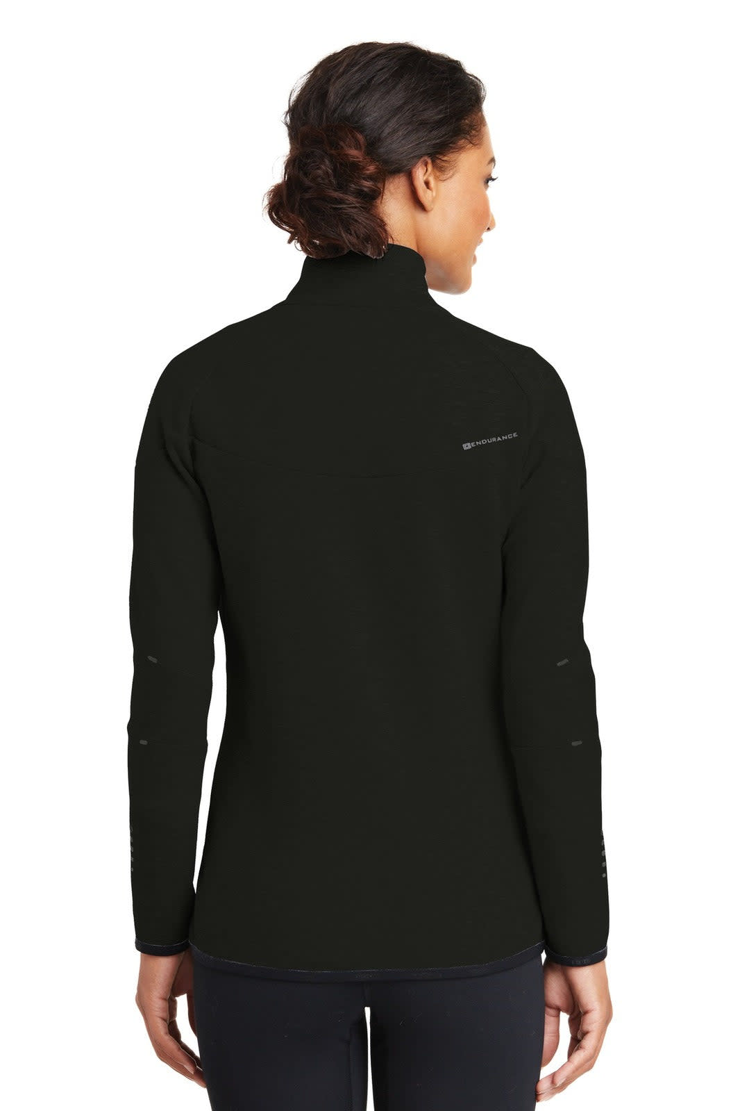 A black ladies' jacket featuring a high collar and long sleeves, with a logo on the back.