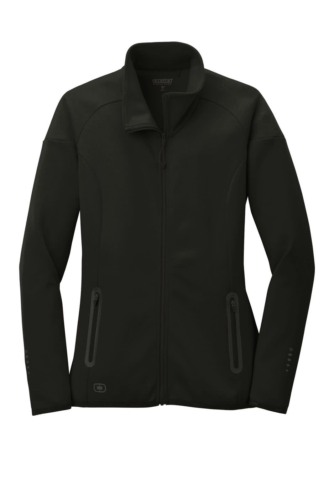 A black ladies' jacket featuring a zip front, two side pockets, and a branded emblem. Perfect for active wear.