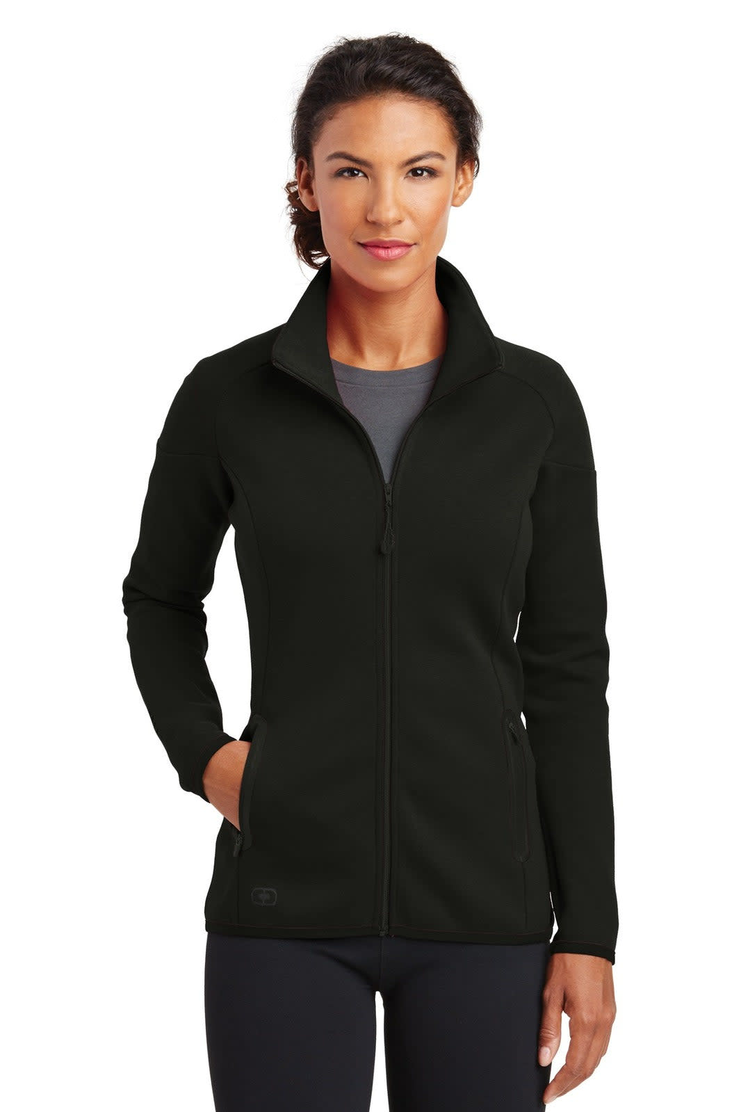 A black women's jacket with a zip front and a standing collar, featuring a logo on the side.