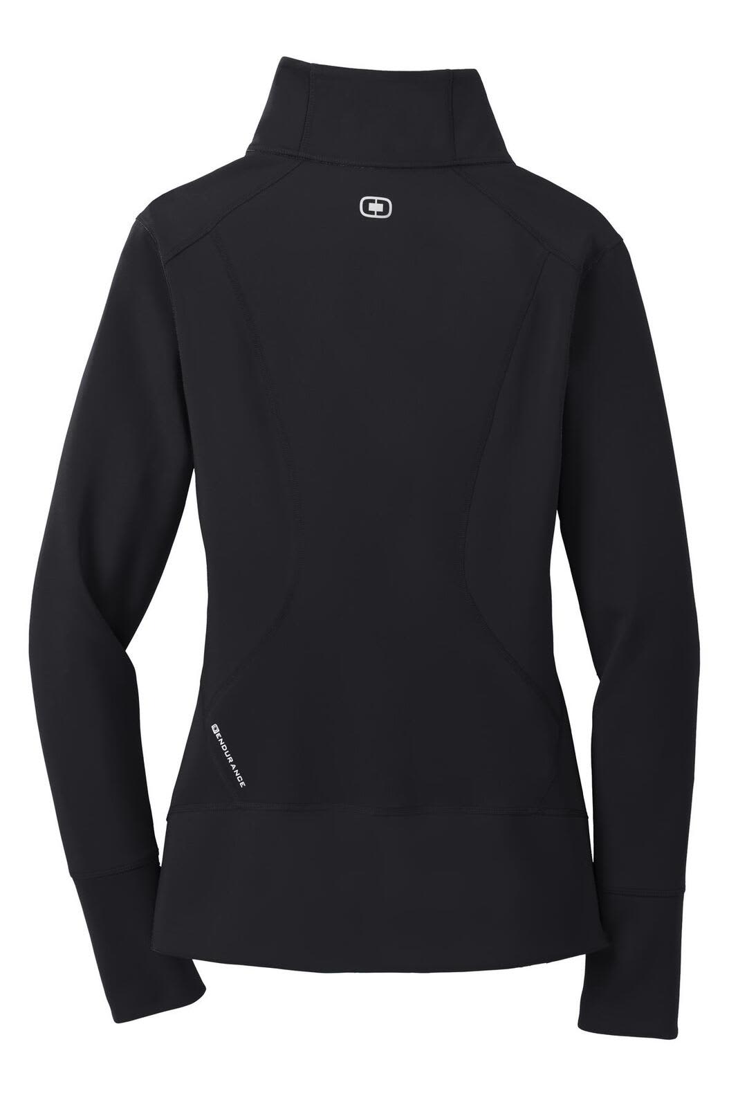 A black full-zip jumper with a high collar and fitted design, featuring a logo on the back.