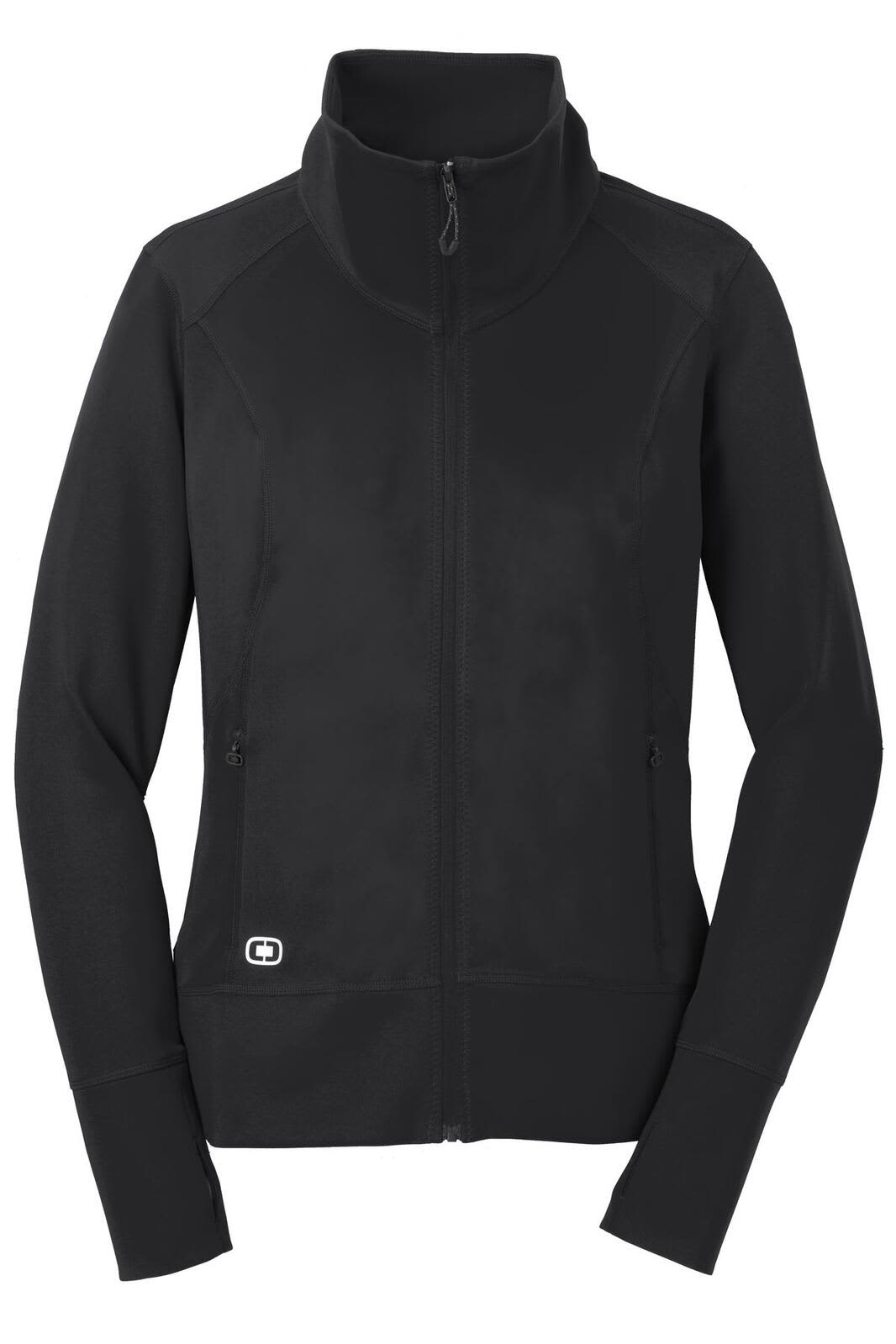 A black full-zip jumper with a high collar and two side pockets, featuring a logo on the front.