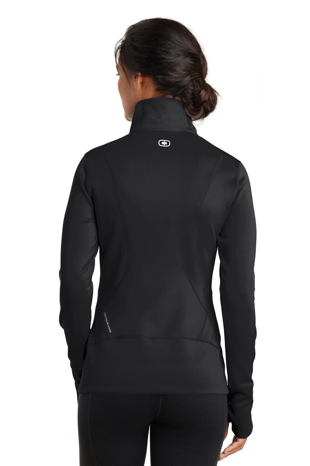 Black ladies' full-zip jumper with a high collar and fitted design, featuring a logo on the back.
