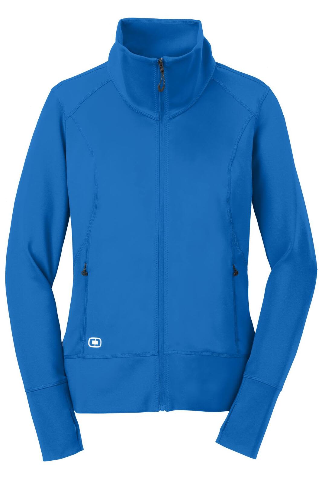 A blue "OGIO ENDURANCE Ladies Fulcrum Full-Zip" jumper featuring a high collar and zippered pockets. It has a logo.