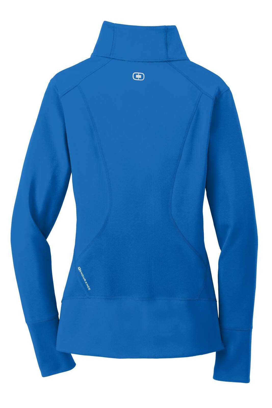 A blue women's full-zip jumper featuring a high collar and a branded logo on the back.