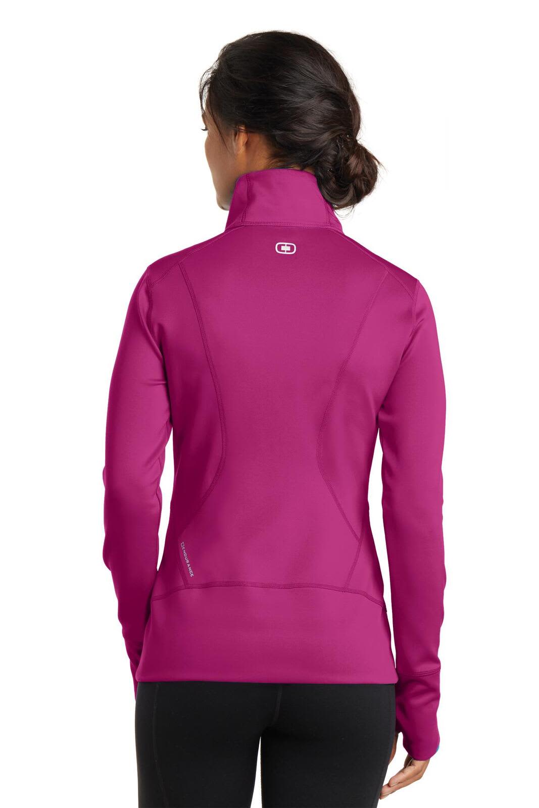 A back view of a women's pink OGIO ENDURANCE Fulcrum full-zip jumper featuring a high collar and fitted design.