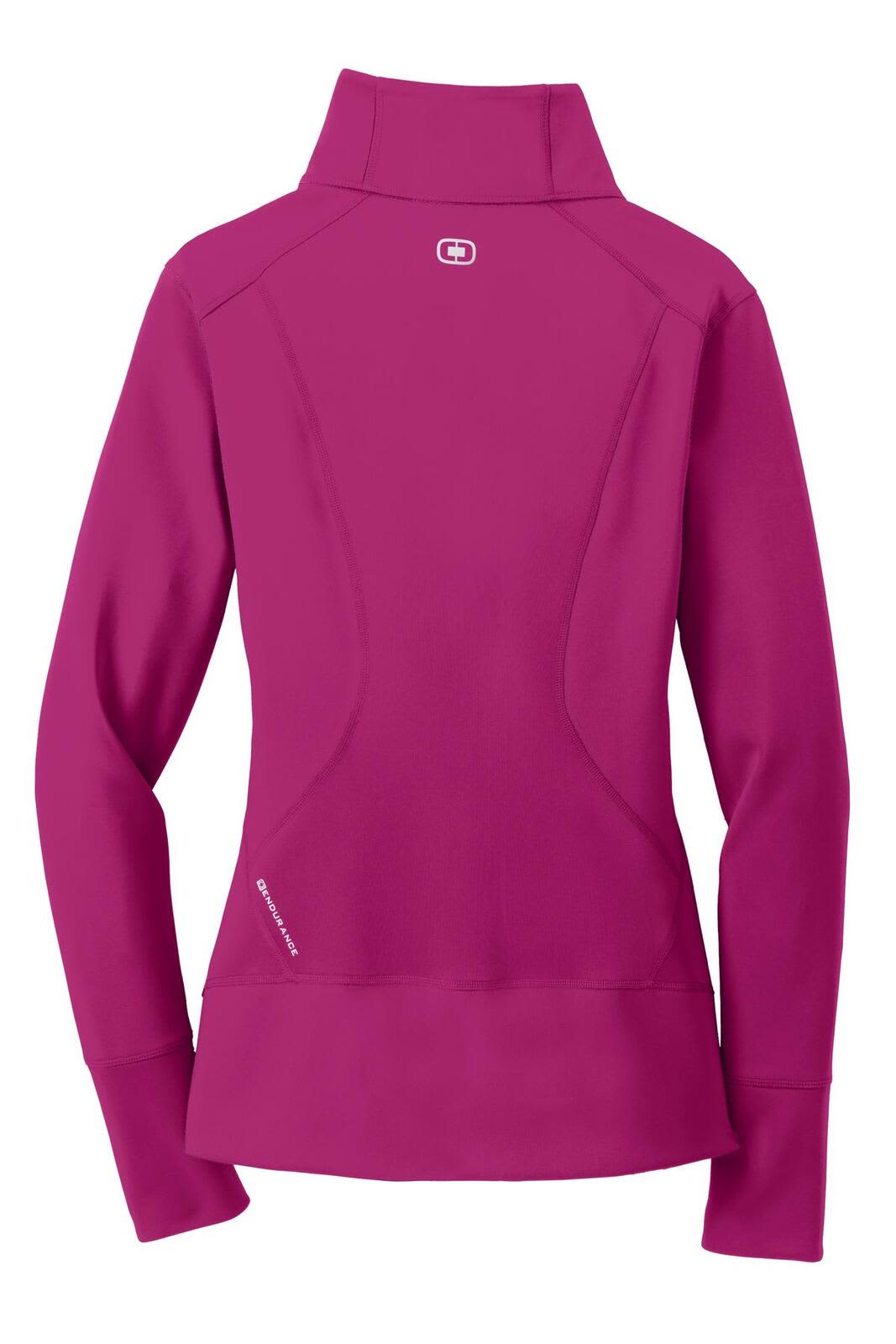 A full-zip jumper in vibrant magenta, featuring a high collar and a fitted design. Includes branding on the garment.