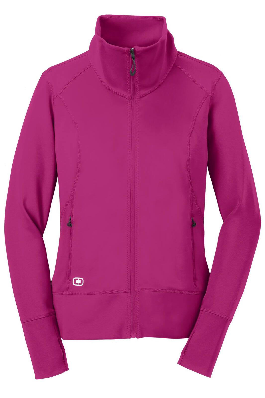 A full-zip jumper in vibrant magenta with a high collar and two side pockets, featuring a logo.