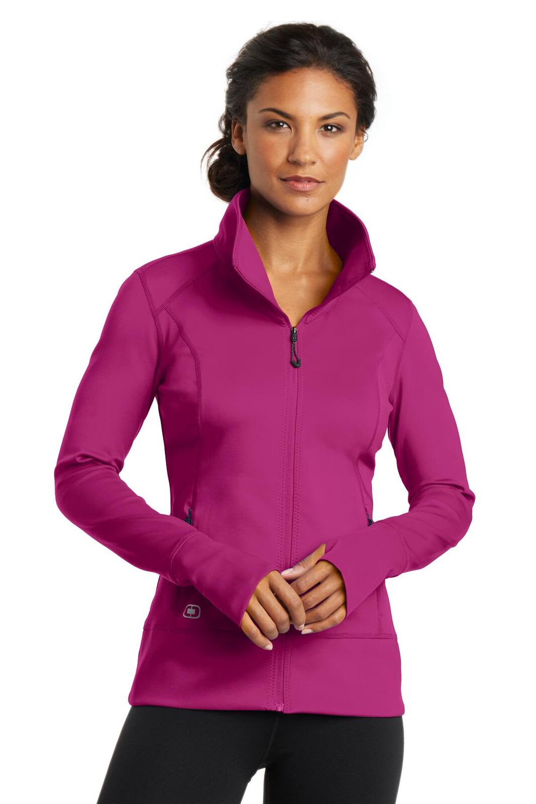 A ladies' full-zip jumper in vibrant pink, featuring a high collar and a fitted design, with a logo on the side.