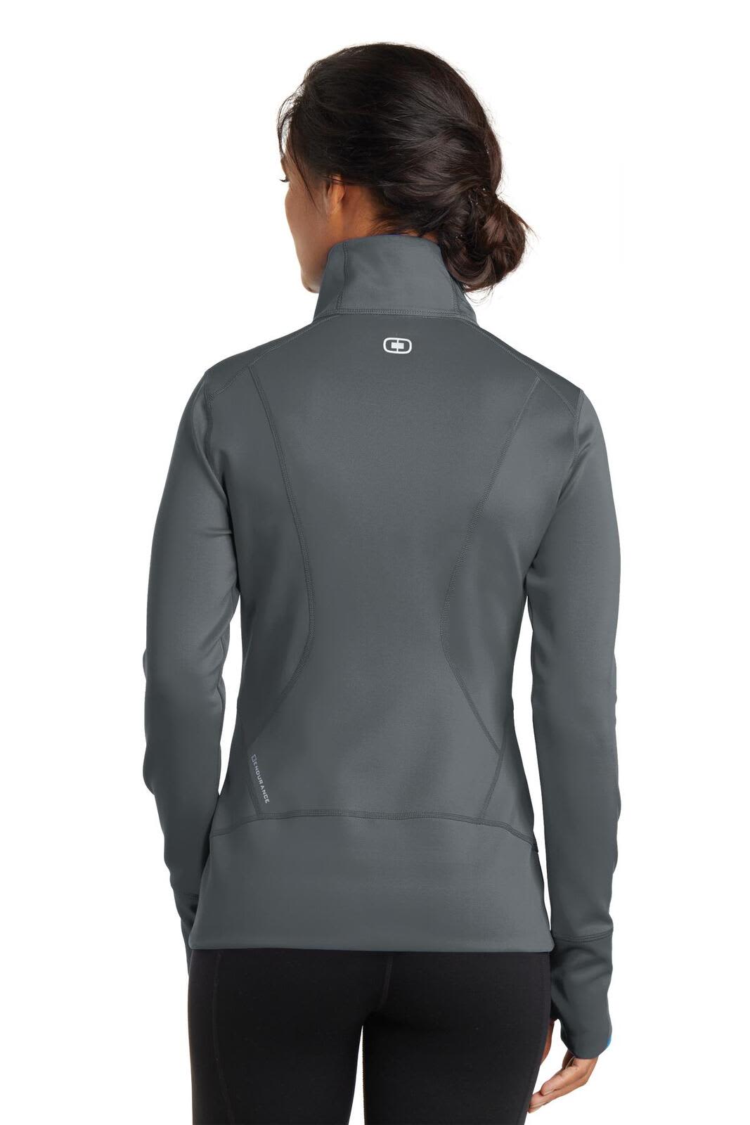 A full-zip grey jumper with a high collar and fitted design, featuring a branding logo.