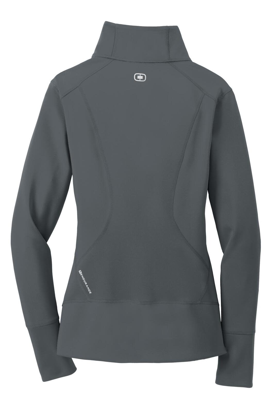A women's full-zip jumper in grey, featuring a high collar and fitted style, with a logo on the back.