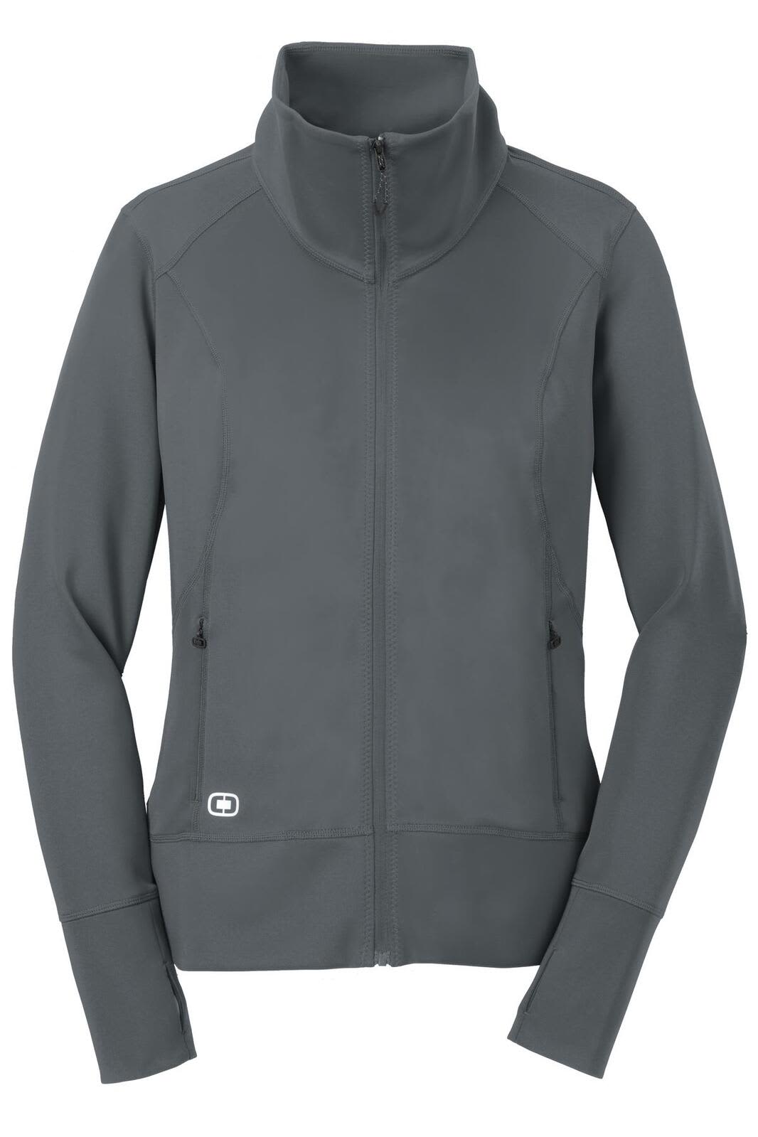 A grey full-zip jumper for ladies with high collar and zippered pockets, featuring a logo.