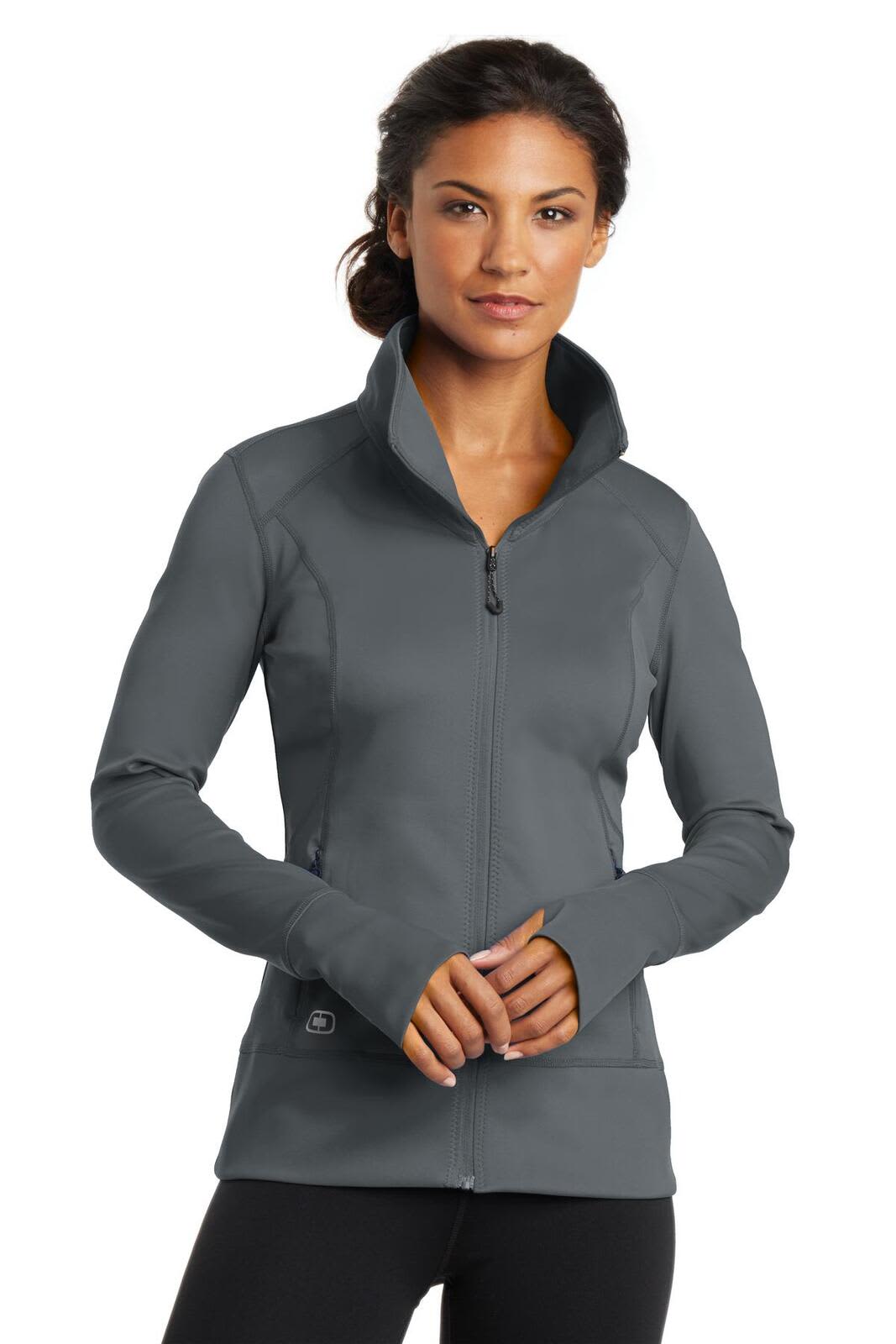 A grey full-zip jumper for ladies featuring a high collar and long sleeves, with a logo on the lower side.