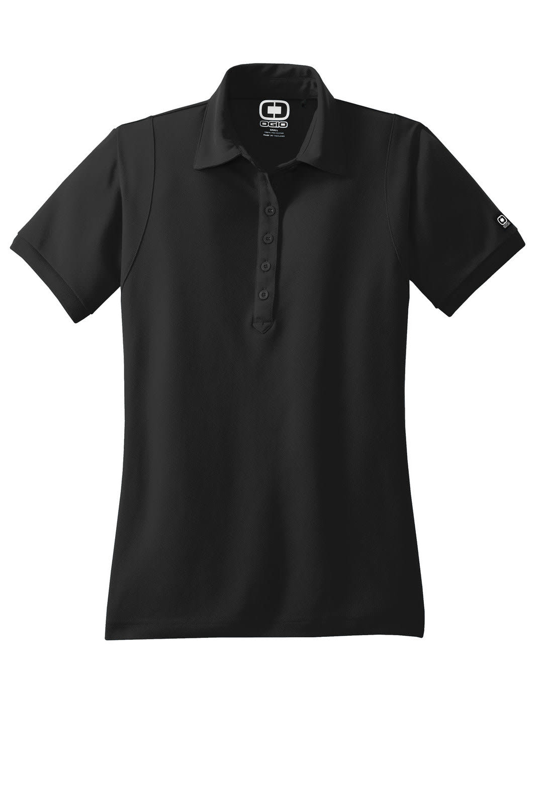 A black polo shirt with a collar and buttons, featuring a logo on the sleeve.