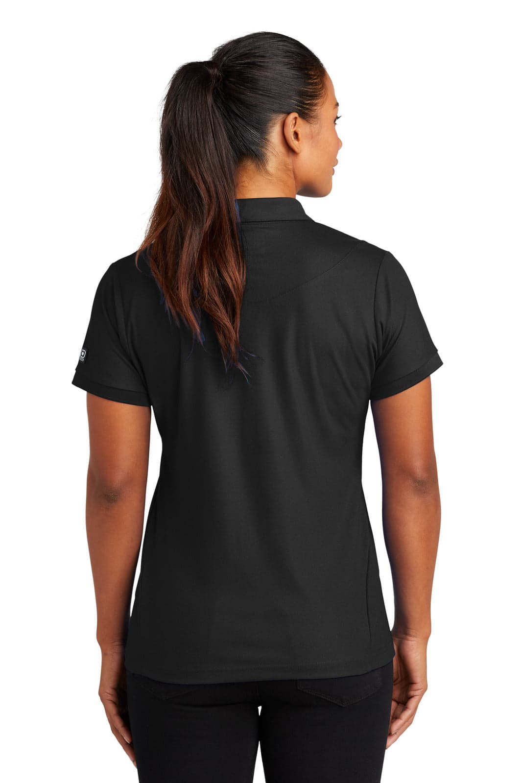 A black polo shirt with a tailored fit, featuring a logo on the sleeve, shown from the back.