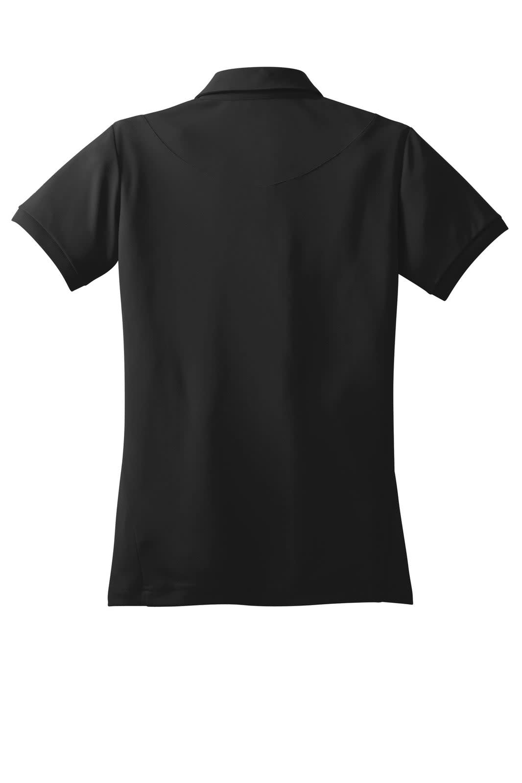 A black polo shirt featuring a collar and short sleeves, with a logo on the back.