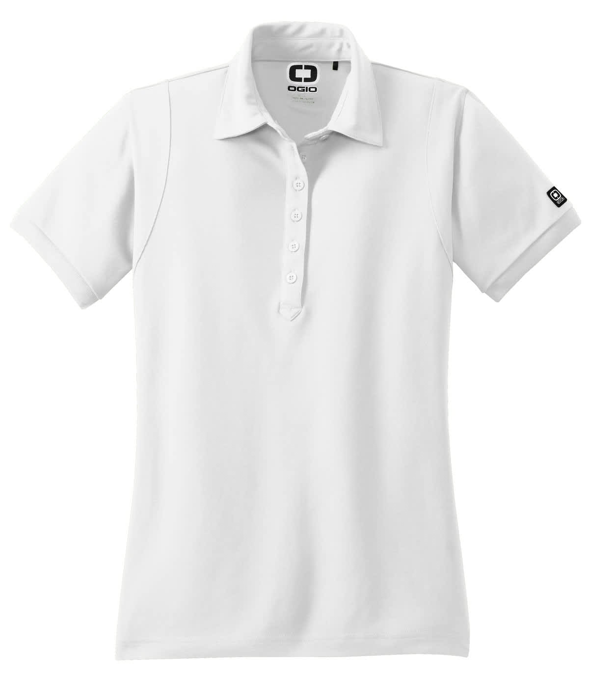 A white OGIO Jewel Polo shirt featuring a classic collar and a logo on the sleeve.