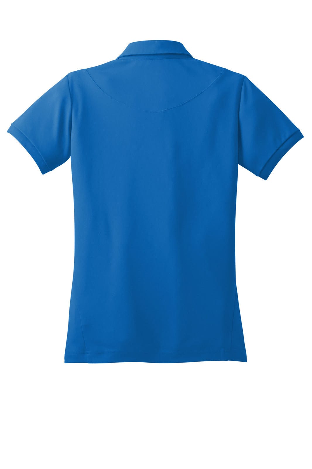 A blue polo shirt with a collar and short sleeves, featuring a logo on the back.