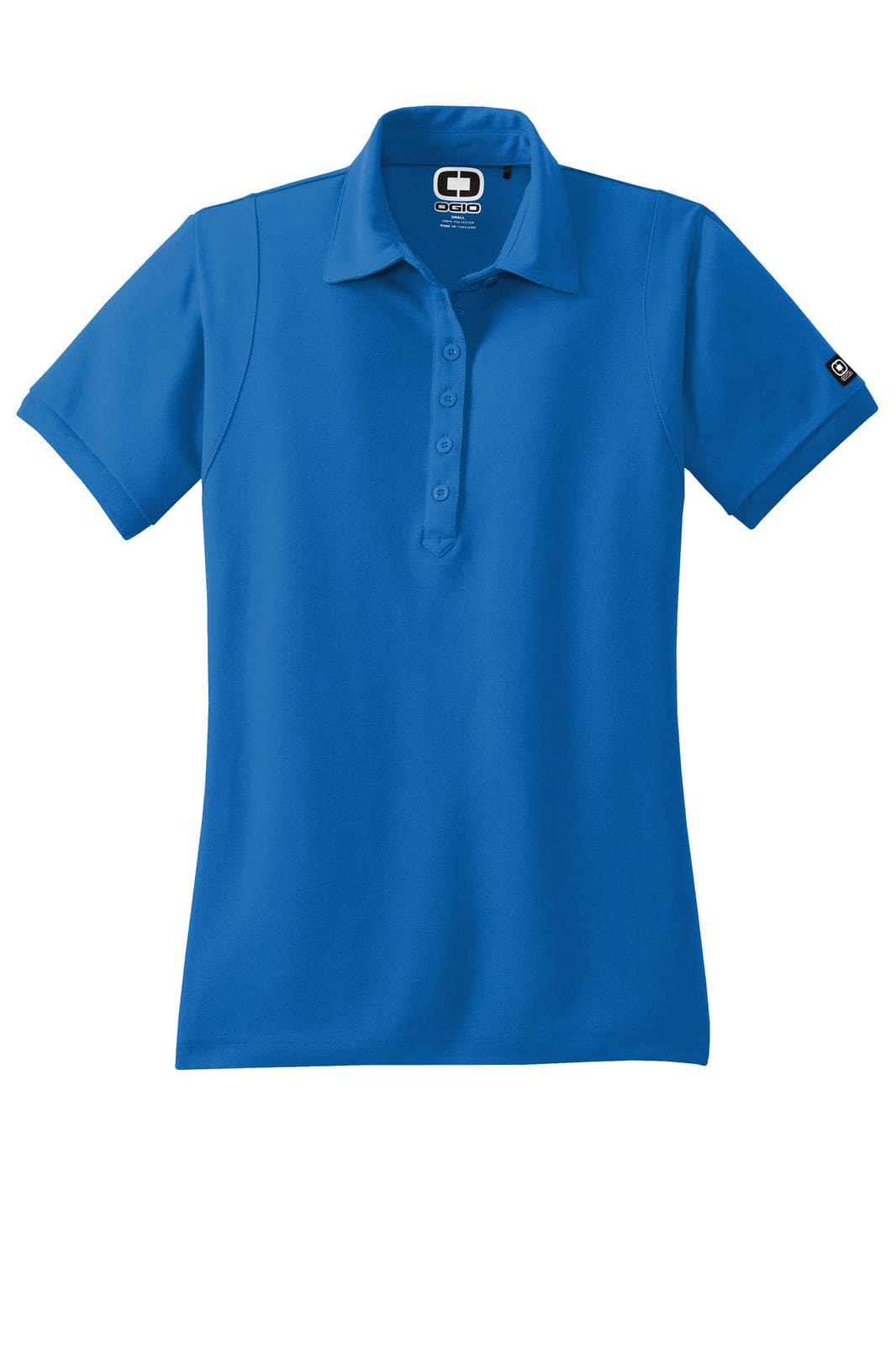 A blue polo shirt featuring a collar, short sleeves, and a branded logo on the side.