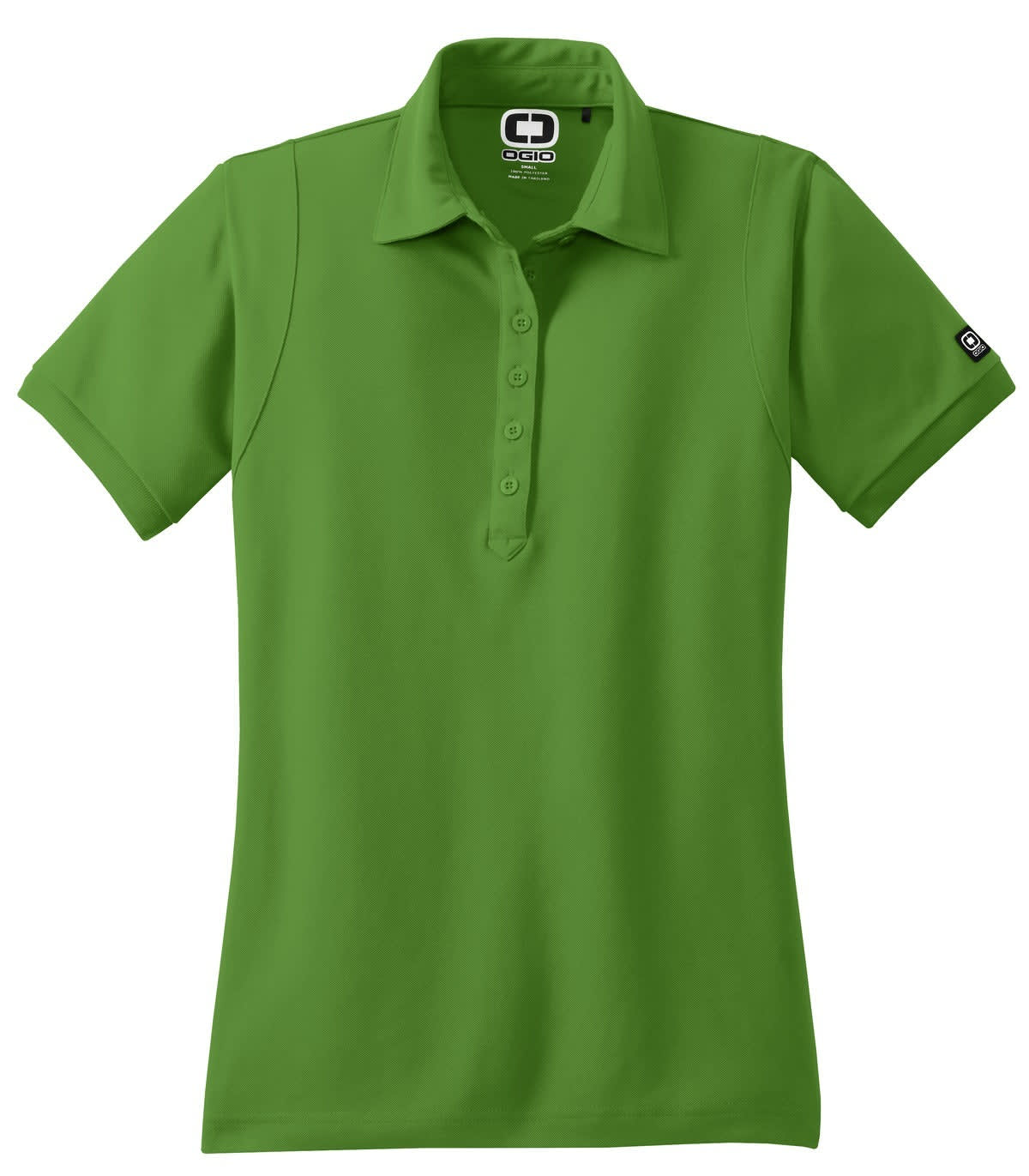 A green polo shirt with a classic collar, button placket, and a logo on the sleeve.