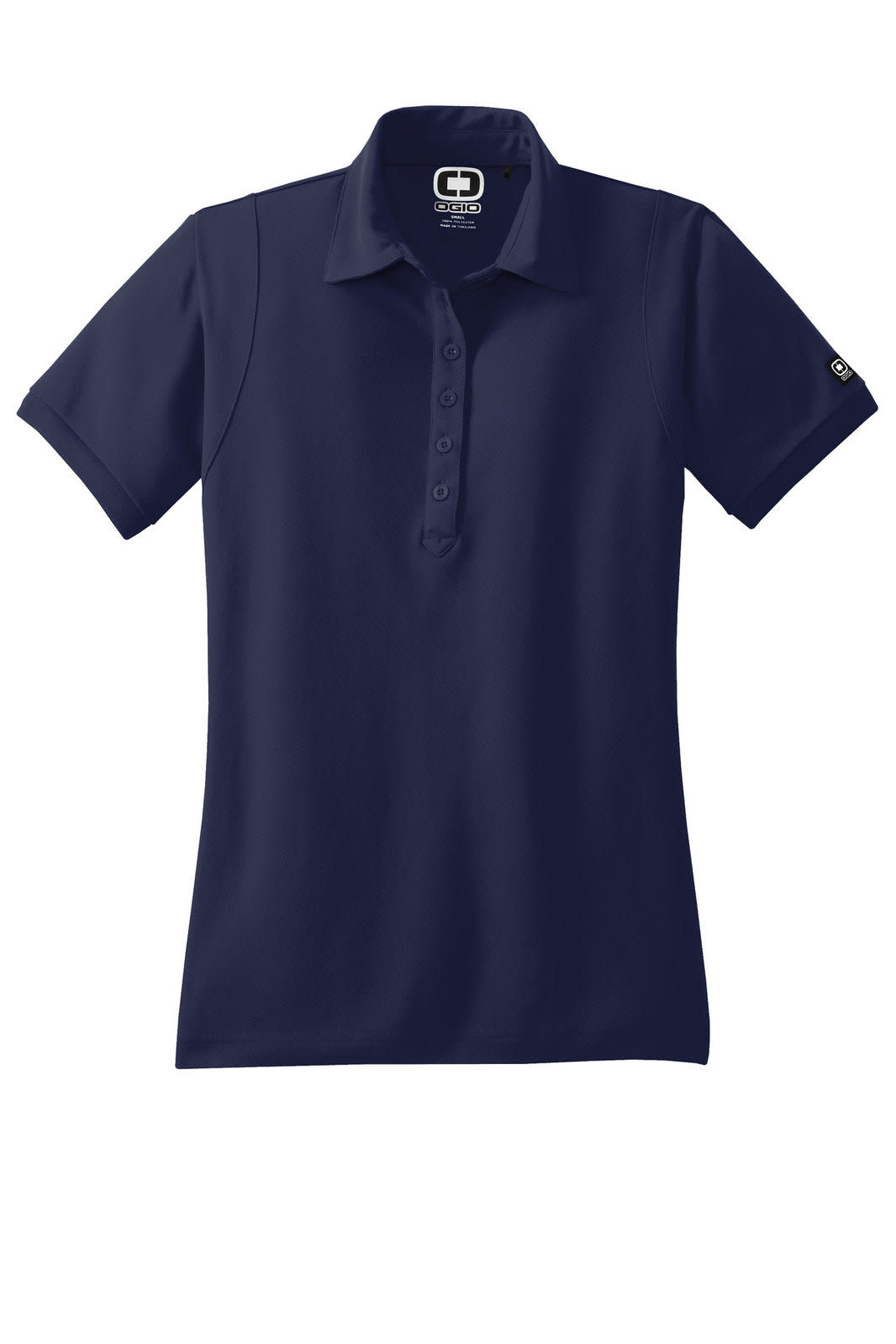 A navy blue OGIO polo shirt featuring a collar, short sleeves, and a logo on the sleeve.