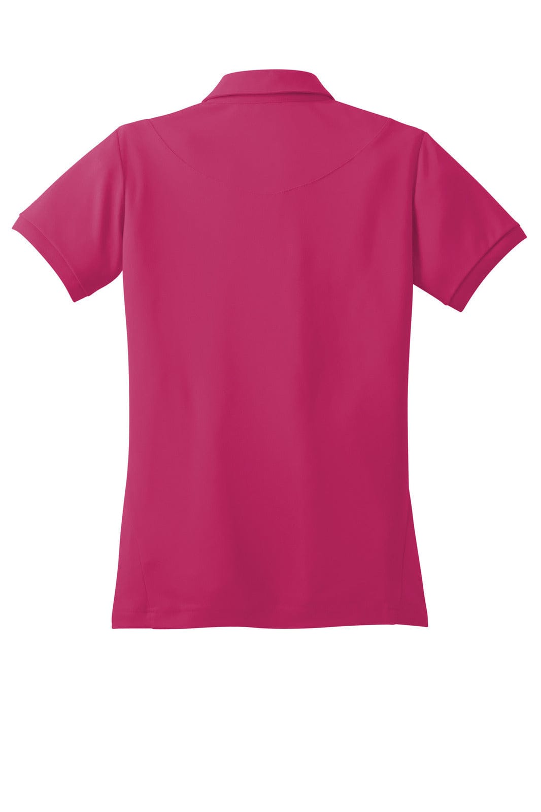 A pink polo shirt with short sleeves and a back collar. It features a logo on the side.