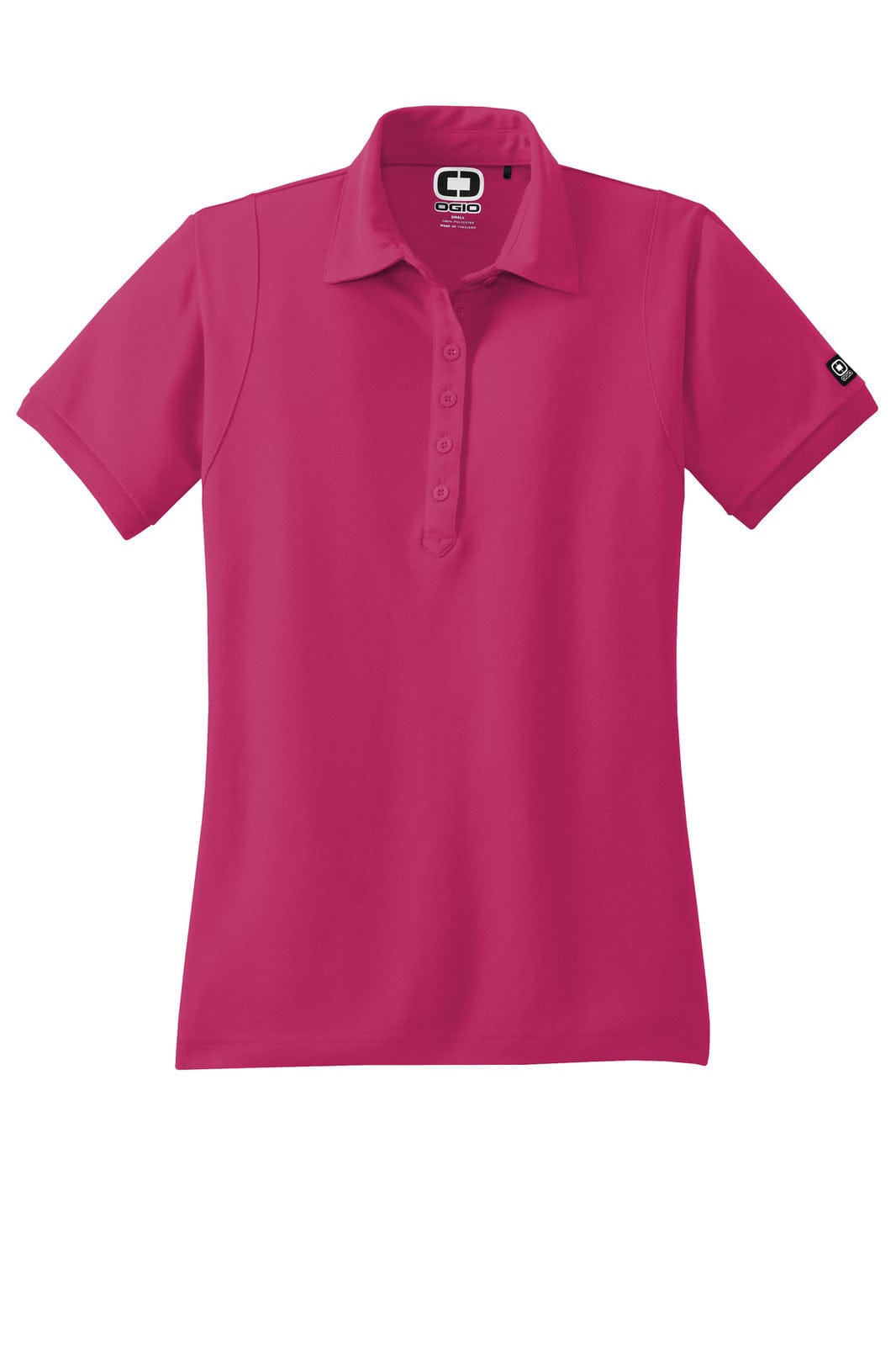A pink polo shirt featuring a classic collar and a branded logo on the sleeve.