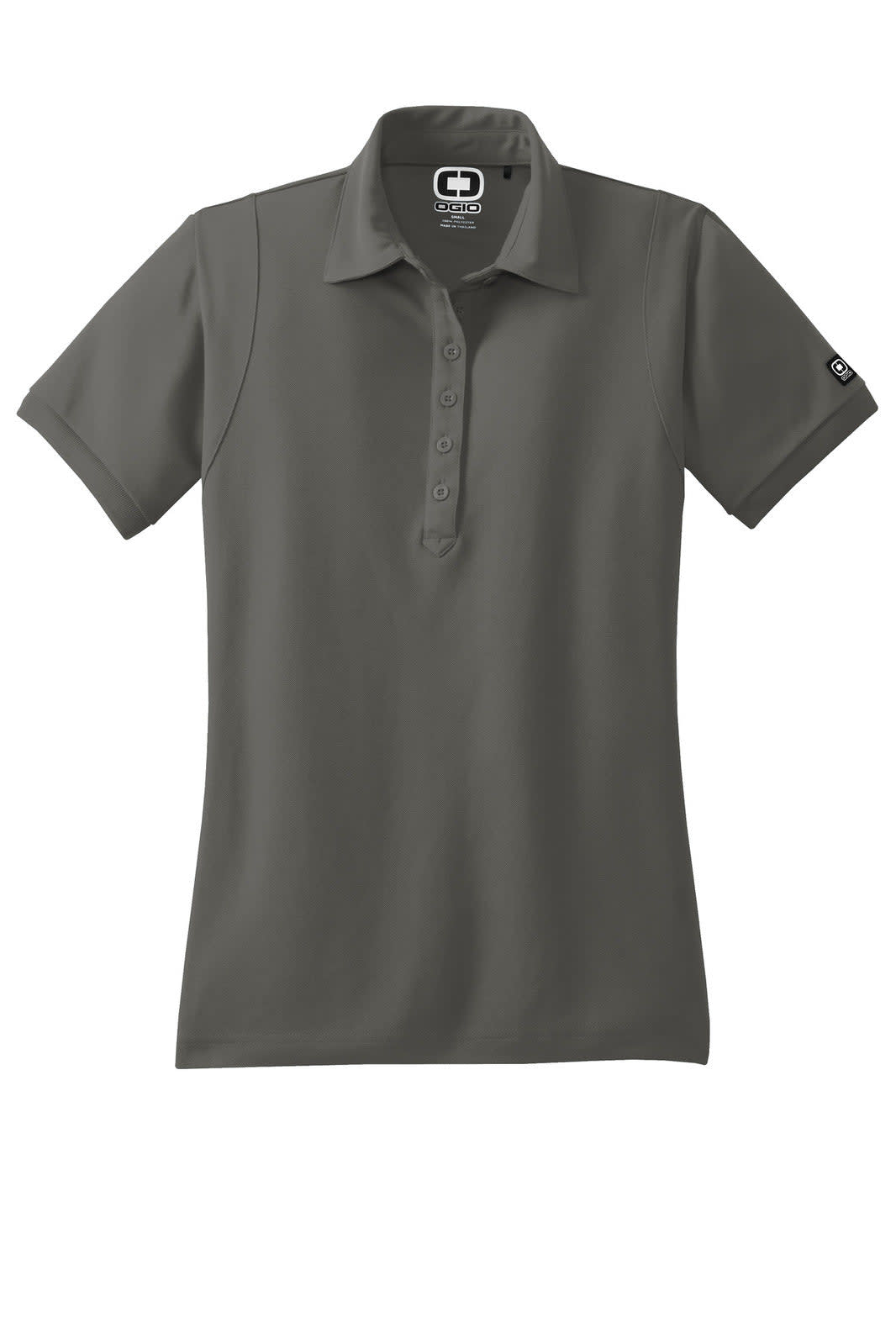 A grey polo shirt with a collar and short sleeves, featuring a logo on the sleeve and five buttons at the front.