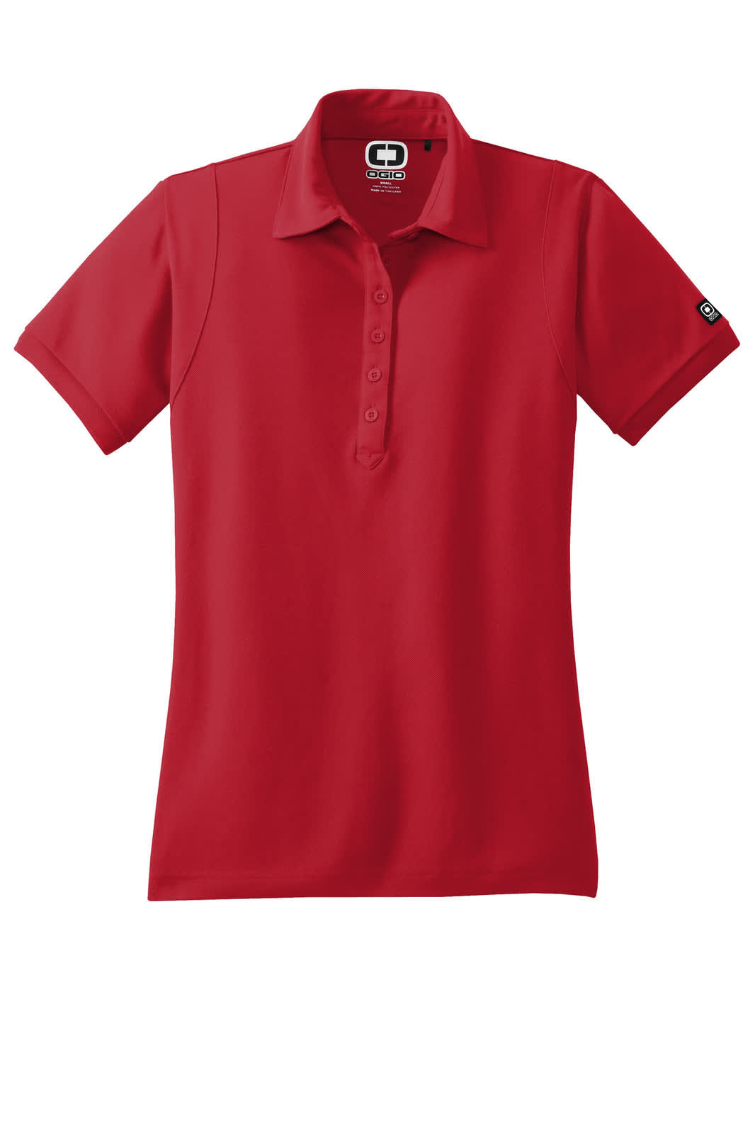 A red polo shirt with a collar and a button placket, featuring a logo on the sleeve.