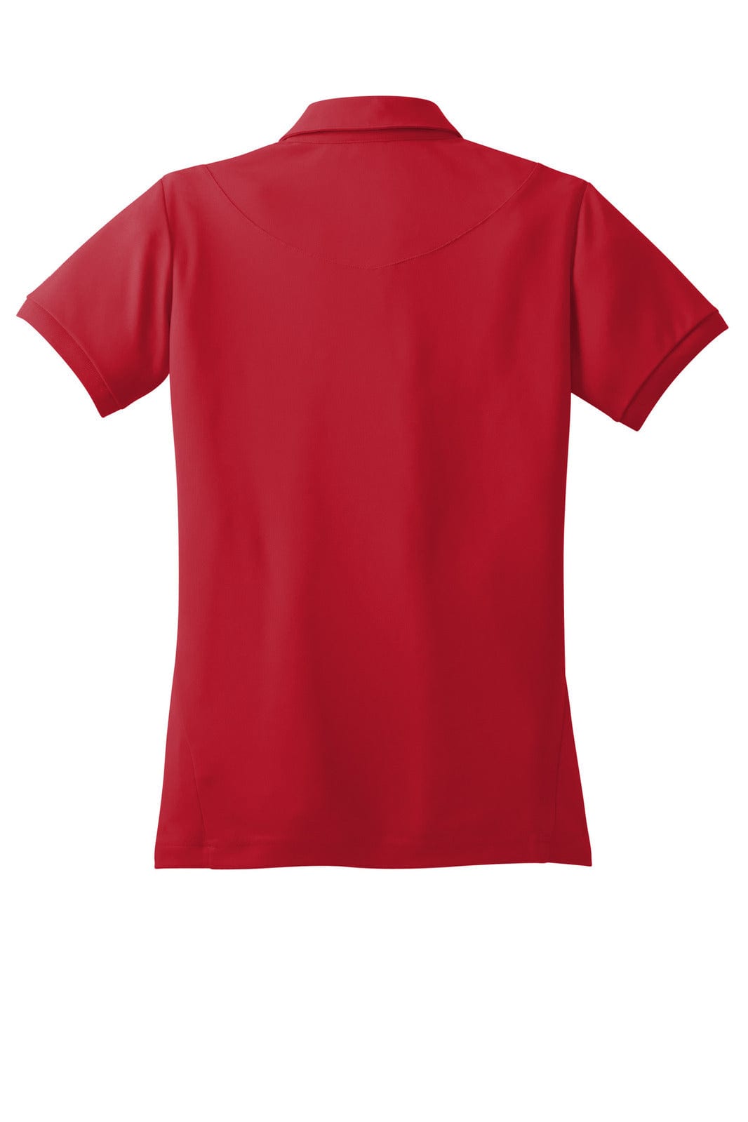 A red polo shirt featuring short sleeves and a collar, with a logo displayed on the back.