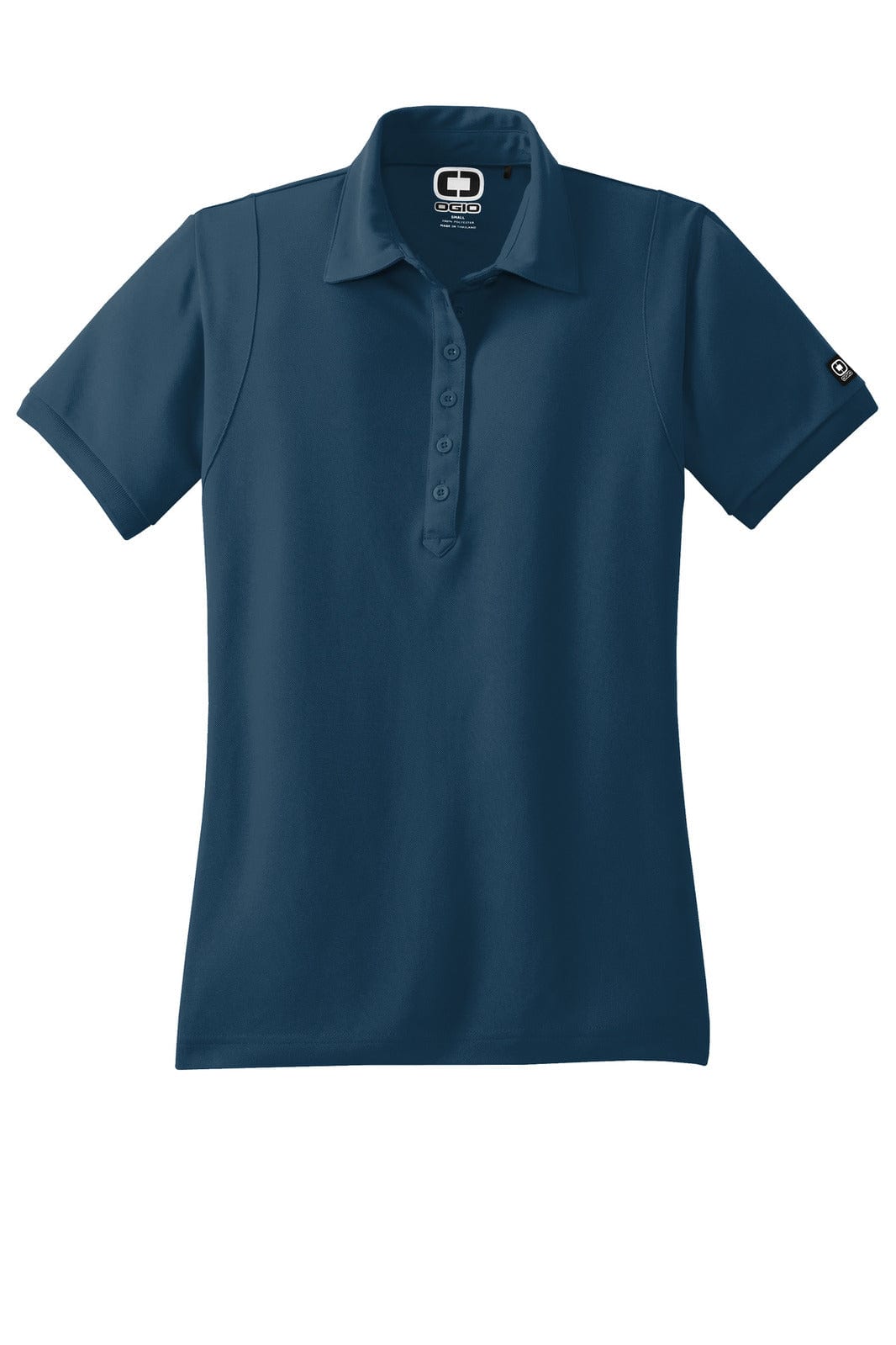 Navy blue polo shirt with a collar, buttons, and a logo on the sleeve. Suitable for casual wear.